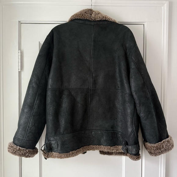 Vintage Green Black Shearling Sheepskin Jacket with Brown Lining Sz L - Picture 2 of 7